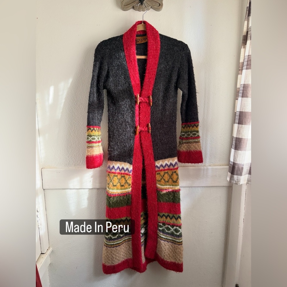 Peruvian Wool Cardigan with Red Accents